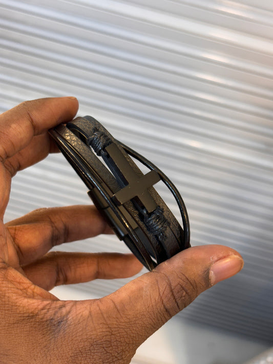 Black Cross Leather Band Bracelet