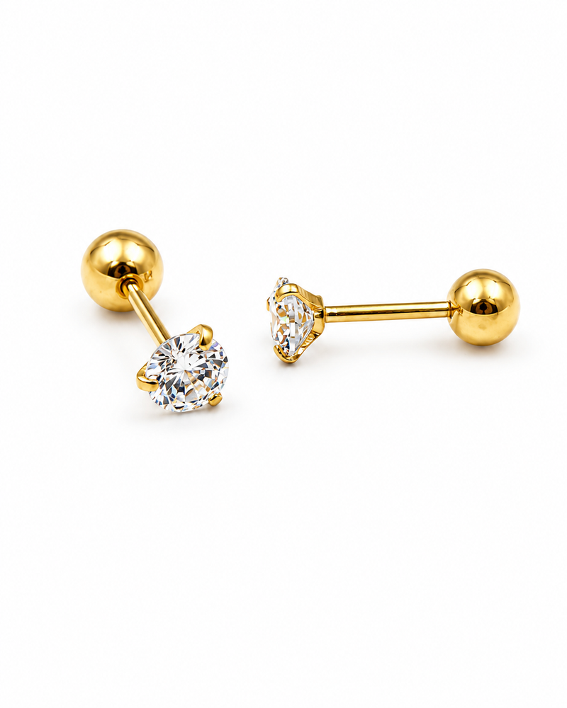Classic Round Solitaire Studs - 3 mm Size - Round Back Screw - Gold