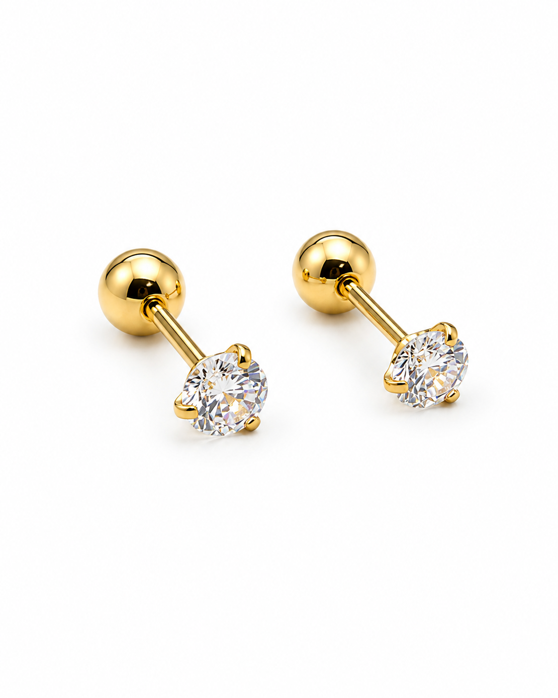 Classic Round Solitaire Studs - 3 mm Size - Round Back Screw - Gold